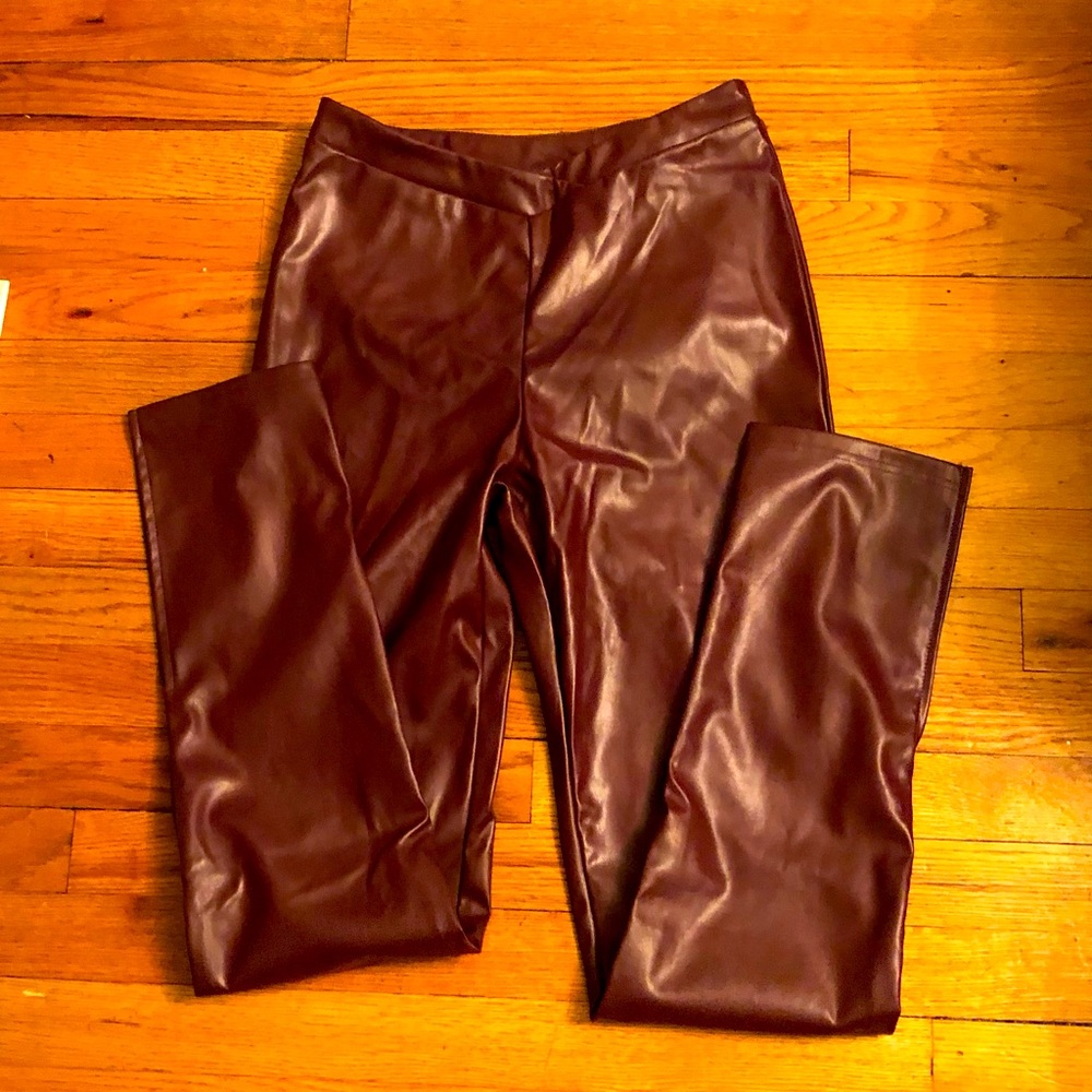 SHEIN NWT MAROON Faux Leather Straight Leg PANTS Size S with 6 inch slit